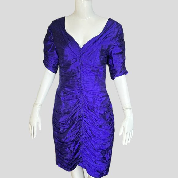 VINTAGE KANAK 100% SILK ROYAL PURPLE RUCHED DRESS (SZ 8) - Picture 4 of 12